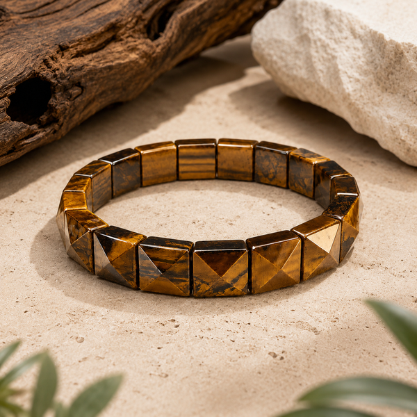 Brown Tiger Eye Pyramid Bracelet for Strength, Confidence & Protection | Natural Crystal Stretch Bracelet