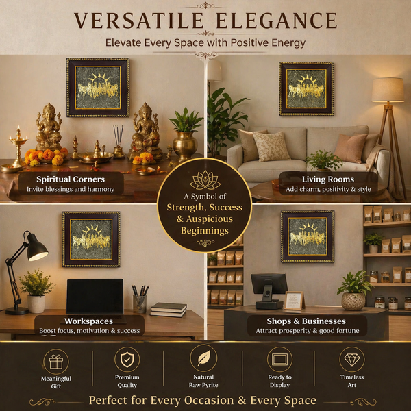 7 Running Horses on Raw Pyrite Frame for Vastu & Wealth | Premium Golden Wall Decor for Home & Office