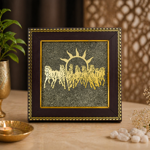 7 Running Horses on Raw Pyrite Frame for Vastu & Wealth | Premium Golden Wall Decor for Home & Office