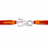 A close-up of a braided cord bracelet in red and yellow, featuring a silver-tone 'BRO' charm with a small crown on the 'B' and a crystal-studded 'O'.