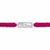 A magenta pink braided bracelet with a central silver-toned rectangular charm set with clear crystals and featuring a silver horse silhouette.