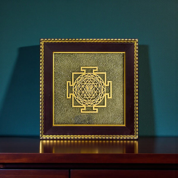 Golden Shree Yantra on Natural Pyrite Frame – Vastu Decor