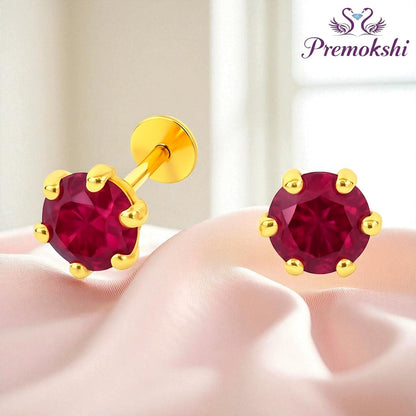 Pure Yellow Gold Stud Earring For Women, Man, Boys and Girls (EAR102-5.5MM-RHODOLITE)