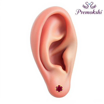 Pure Yellow Gold Stud Earring For Women, Man, Boys and Girls (EAR102-5.5MM-RHODOLITE)