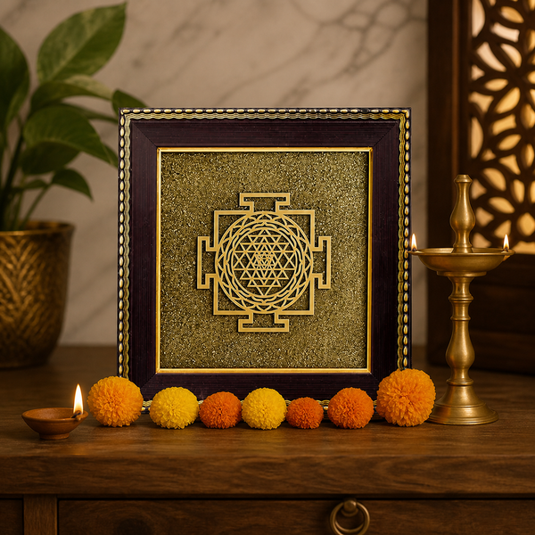 Shree Yantra on Raw Pyrite Frame for Wealth, Prosperity & Vastu Energy