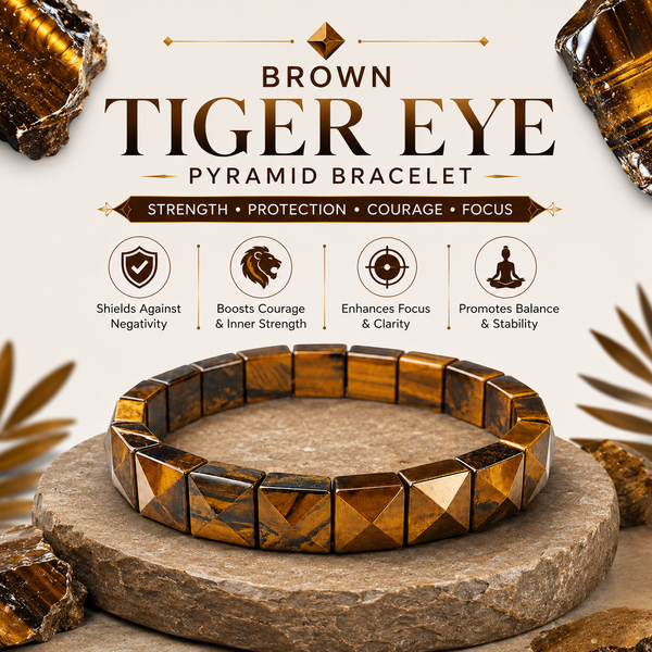 Brown Tiger Eye Pyramid Bracelet for Strength, Confidence & Protection | Natural Crystal Stretch Bracelet