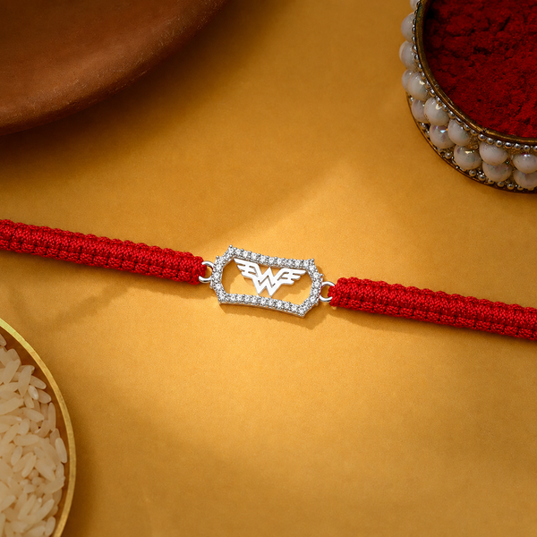 Premokshi 925 Sterling Silver Wonder Woman Inspired Rakhi | CZ Designer Silver Rakhi for Brother | Handmade Raksha Bandhan Gift