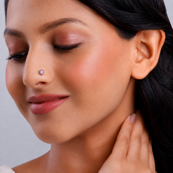 925 Sterling Silver Pink Floral Nose Pin for Women
