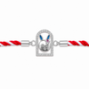 A silver-toned braided cord bracelet featuring a central bunny-shaped charm with blue and pink enamel details, set within a crystal-encrusted frame.