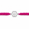 A bright pink braided cord bracelet with a silver-tone hexagonal hamsa hand charm encrusted with small clear stones, shown on a plain white background.