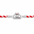 A silver-toned braided cord bracelet featuring a central charm of a panda sitting inside a diamond-encrusted house, with small red gemstone eyes and a red accent, flanked by red and white twisted cords on a white background.