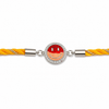A yellow braided cord bracelet featuring a central silver-toned oval charm with a red and peach smiley face design surrounded by small clear stones.