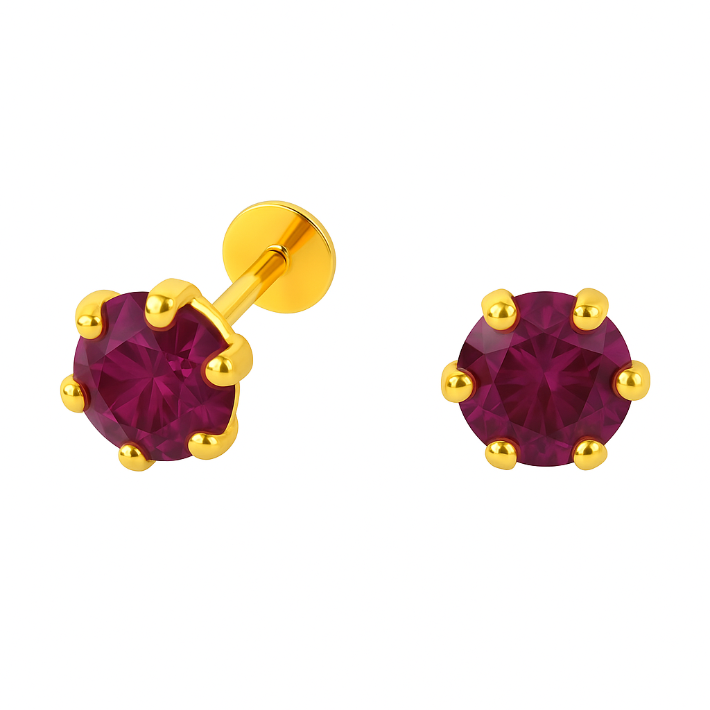 Pure Yellow Gold Stud Earring For Women, Man, Boys and Girls (EAR102-5.5MM-RHODOLITE)
