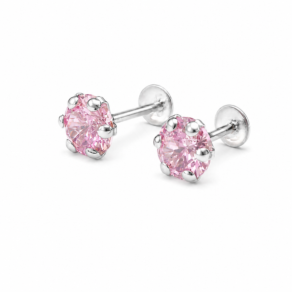 Premokshi 925 Silver Solitaire Stud Earrings with Round Brilliant Cubic Zirconia | Sterling Silver Earrings for Women & Men (Light Pink - 5MM)