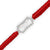 A red braided cord bracelet with a silver-toned rectangular charm outlined in clear stones and featuring the Wonder Woman logo, shown on a white background.